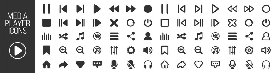 Music and sound icon set, media player icons collection, video player and cinema icons, multimedia interface template, online broadcasting and live stream mockup on transparent background © Alex