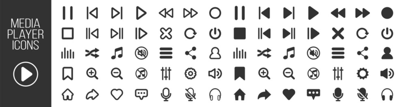 Media player icon set, video and audio interface buttons, multimedia symbols, music and sound control elements, play and pause signs, vector collection on transparent background