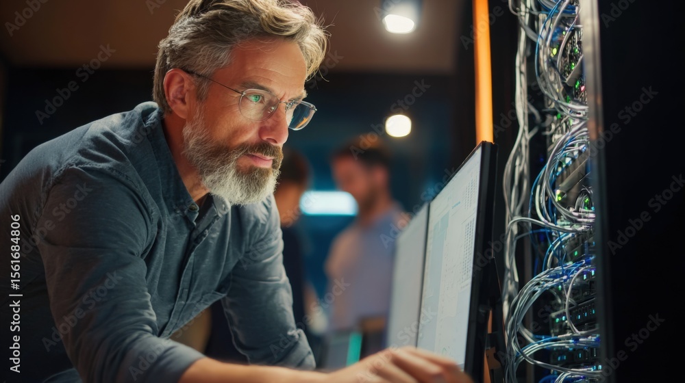 Poster Experienced male IT technician working on computer server setup in data center.