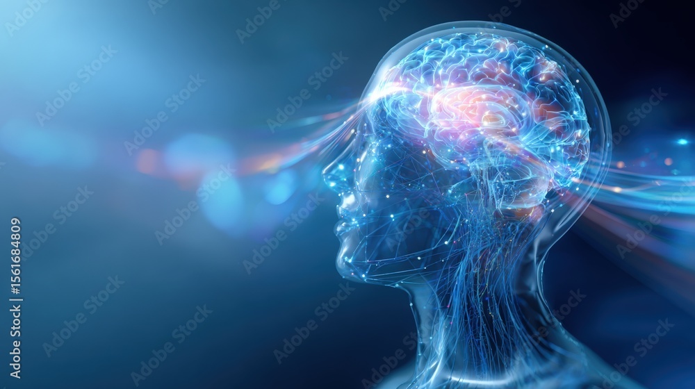 Poster Human Brain with Neural Network and Digital Connection Illustration for Science and Technology.