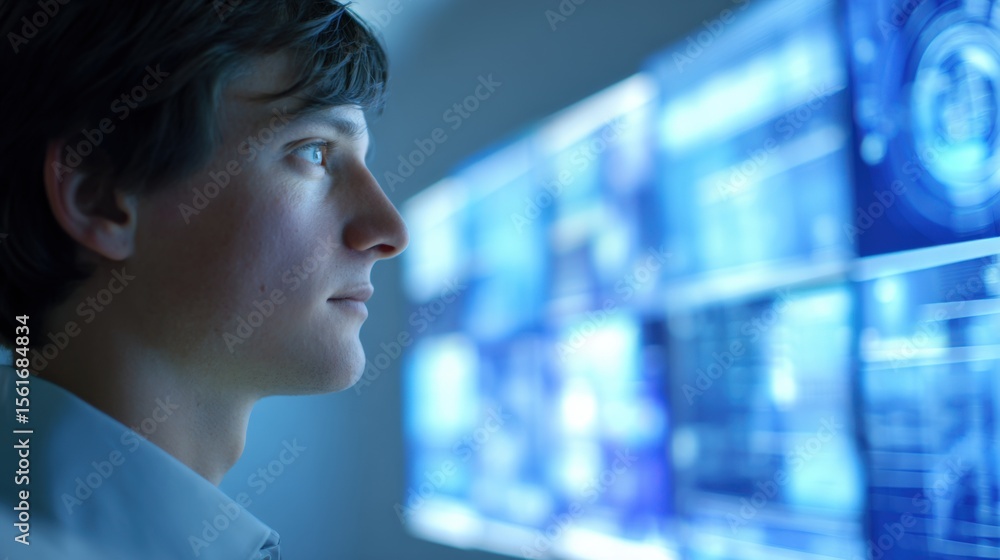 Poster male scientist or researcher analyzing data on futuristic digital screens in laboratory.