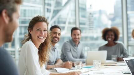 Fototapeta premium Business Meeting with Diverse Team of Professionals Discussing Strategy in Modern Conference Room.