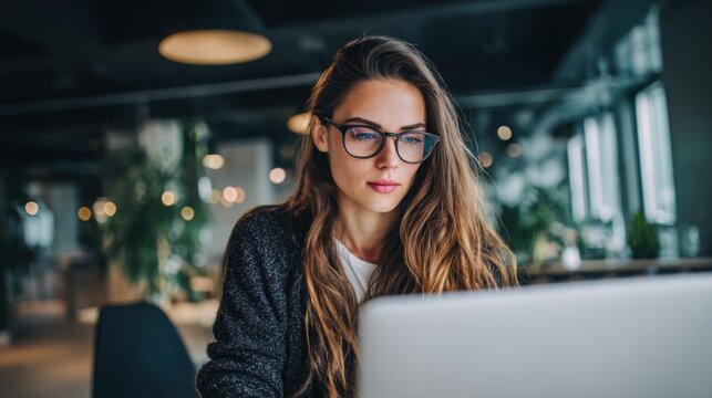 Young woman with glasses working on laptop in modern cafe or coworking space during daytime.