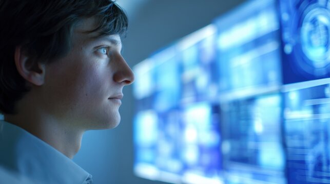 Male scientist or researcher analyzing data on futuristic digital screens in laboratory.