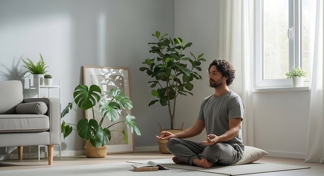 A man sits in a meditative pose indoors surrounded by plants and sunlight.