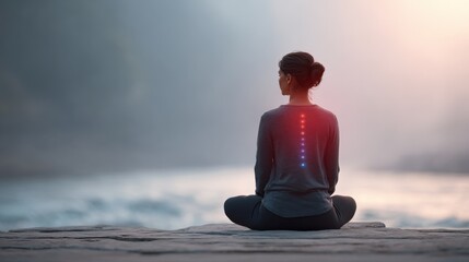 Woman practicing meditation outdoors at sunset focusing on back pain relief and wellness.