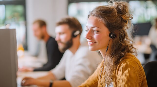 Customer Service Call Center Agent Wearing Headset Working At Desk Bright Office.