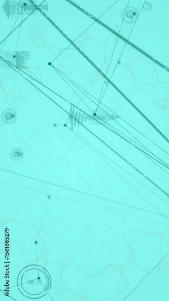 Poster animation of network of connections with data processing and shapes over blue background