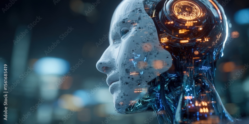 Poster Futuristic humanoid robot's head with detailed electronic and data visualization features.