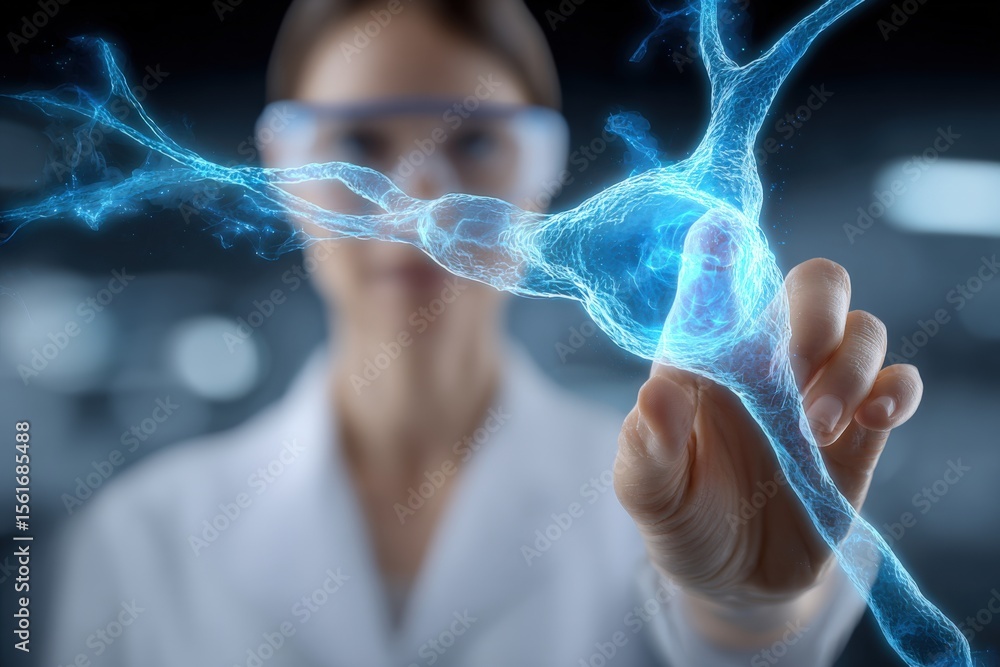 Poster Futuristic scientist engaging with digital neural network interface in high technology lab.