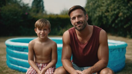 Happy father and son sitting beside inflatable pool in backyard during summer day.