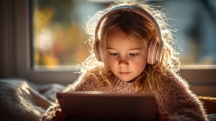 Young girl wearing headphones using a tablet for entertainment or learning indoors.