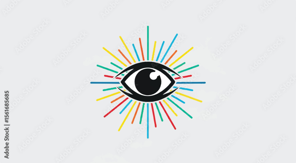 Poster eye icon with colorful rays emanating around it on white background