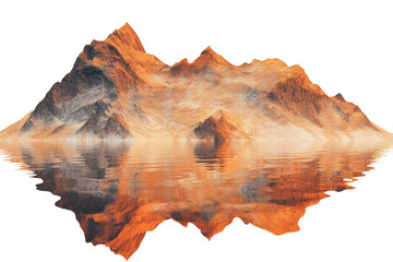 Misty, orange mountains reflected in still water