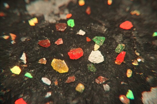Tiny, colorful crystals scattered on a dark, textured surface