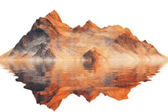 Misty, orange mountains reflected in still water