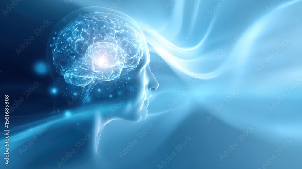 Poster Futuristic digital brain concept with glowing neural network and light streams.