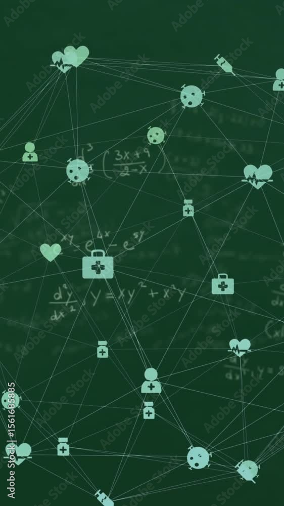 Poster animation of network of connections with icons over mathematical equations on green background