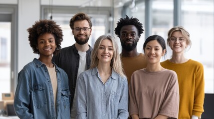 Diverse Group of Six Young Adults Standing Together in Modern Studio Setting.