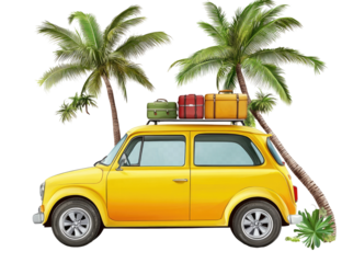 Yellow car with luggage on roof, beneath palm trees