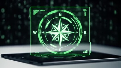 Navigating the Digital Frontier: A Compass Rose Hologram on a Tablet Device - Powered by Adobe