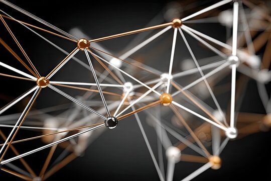 Abstract network of metallic connections.  Interconnected nodes of different shades of metal.  Geometric, intricate structure.  Dark background