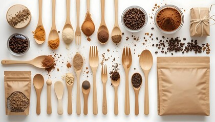 Flat lay of natural wooden spoons and forks filled with ground coffee, spices, and grains. Surrounded by coffee beans, kraft pouches, and rustic decor on white background. Organic and culinary theme.