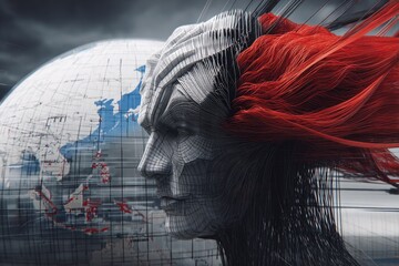 Abstract digital portrait, profile view, with red and black threads, and a world map background