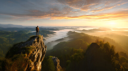 Man standing alone on rocky cliff edge above foggy valley, golden sunrise over forested hills, inspirational adventure freedom scene, solo traveler with backpack enjoying majestic mountain landscape v