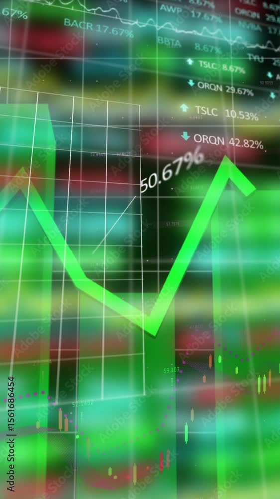 Poster animation of statistics and financial data processing with green line over grid