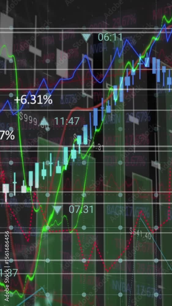 Poster animation of statistics and financial data processing over icons and grid