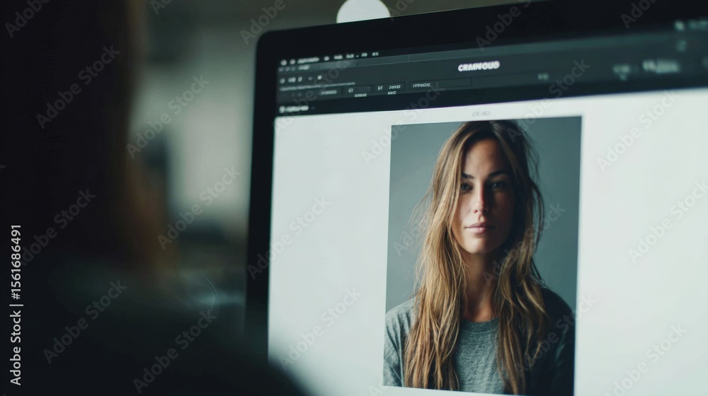 Aufkleber woman viewing a portrait on a computer screen in a modern digital workspace.
