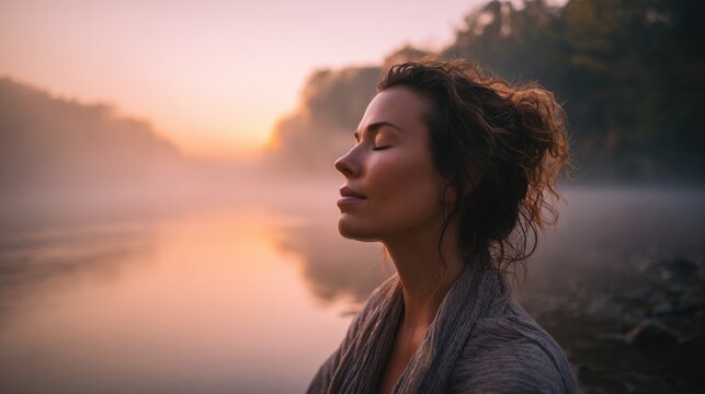 Serene woman with closed eyes enjoying peaceful sunrise by the river at dawn.