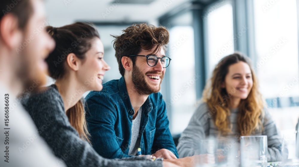 Aufkleber friendly diverse group of young adults enjoying lively conversation and laughter in modern office se