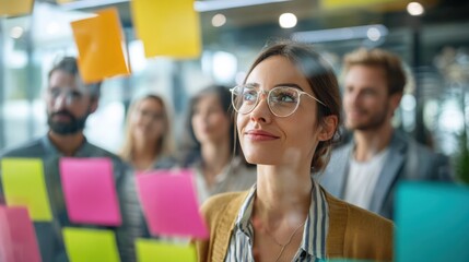 confident young businesswoman with glasses and sticky notes on glass wall in office.
