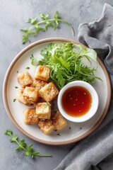 Exquisite plate of fried stinky tofu cubes with dipping sauce and fresh garnish