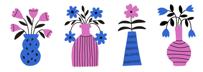 Bright groovy flowers in vases in flat cut-out style. Plant bouquets in flowerpots and floral pots. Pink blue colors