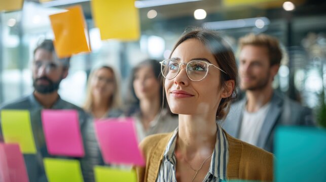 confident young businesswoman with glasses and sticky notes on glass wall in office.