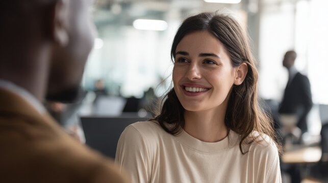 Happy young woman smiling and talking with a man in a bright modern office environment.