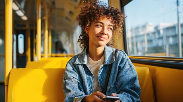 Young woman smiling and looking out window while using smartphone on public transit.