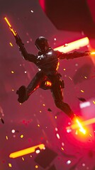 Fototapeta premium Futuristic figure jumping with glowing weapons