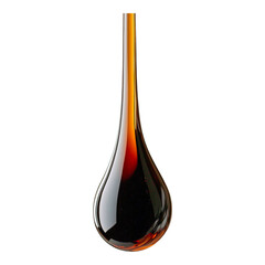 Close-up of a single droplet of dark brown liquid with a reflective surface against a white background