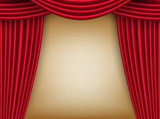 Red stage curtains drape with a rich, velvety appearance, beige background, theatrical setting, performance or presentation