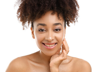 Portrait of beautiful Brazilian woman on white background