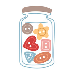 Glass closed jar with various buttons. Button storage. Cozy atmosphere. Handmade. Flat color isolated illustration. For postcards, packaging design, social media posts, and themes of care and coziness
