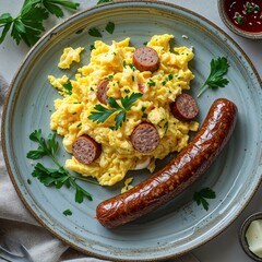 Polish scrambled eggs with sausage in round plate top view