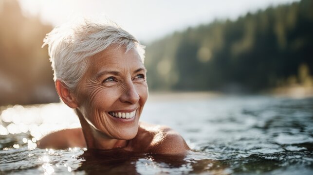 Elderly woman with short gray hair smiling and relaxing in a river during sunset.