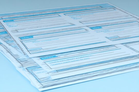 Light-blue forms, stacked, showing various sections, boxes, and labels for filling