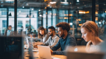 Diverse group of young professionals working on laptops in modern tech office environment.