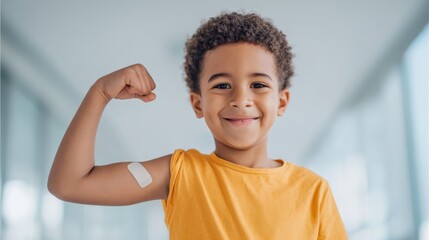 Young boy flexing his arm showing strength with bandage and cheerful expression in bright indoor setting.